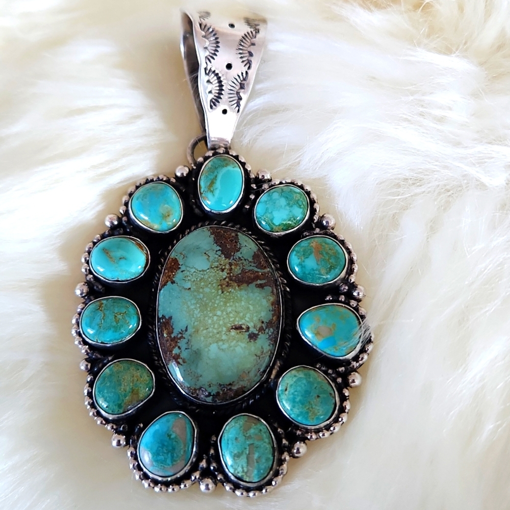 Amazing Native American Navajo Large Nevada Turquoise Cluster Pendant 💙💚🎁